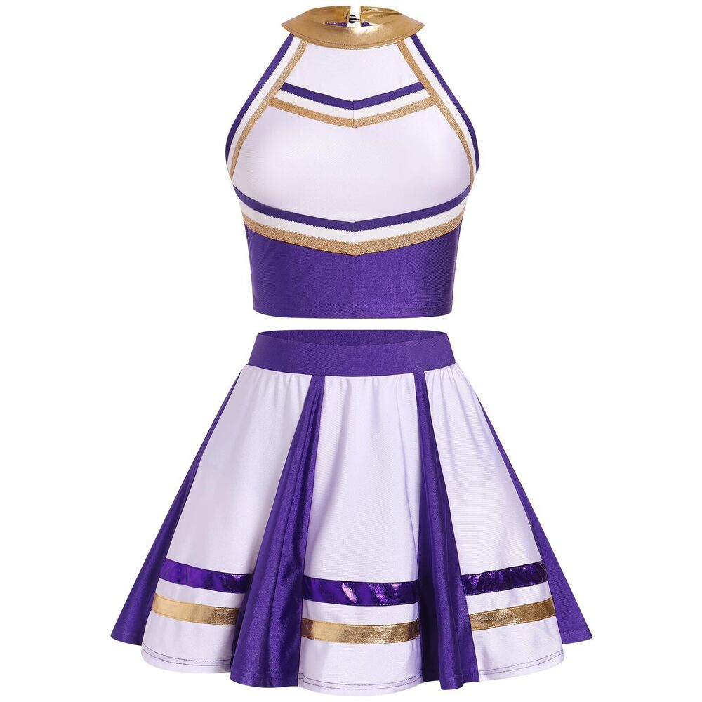 1803 Cheerleader Costume Metallic Halter Crop Top Pleated Short Mini Skirt